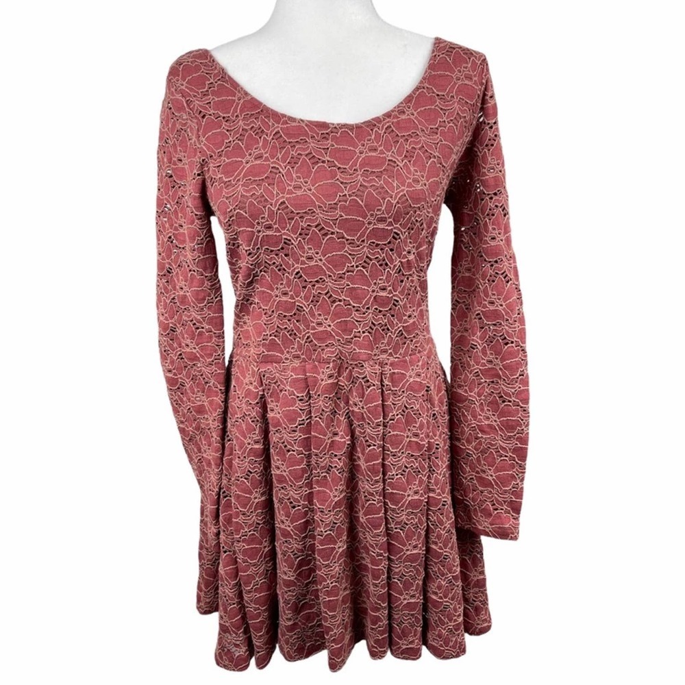 Free People Rose Garden Dusty Rose Floral Lace Overlay Fit&Flare Dress Size L